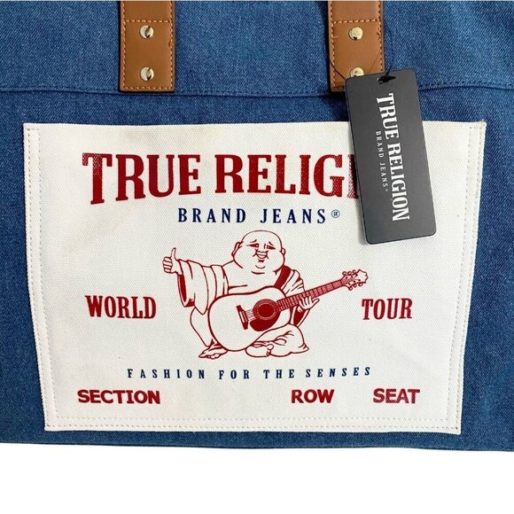 True Religion World Tour Navy Blue Denim Large Tote Bag NWT - Picture 6 of 10